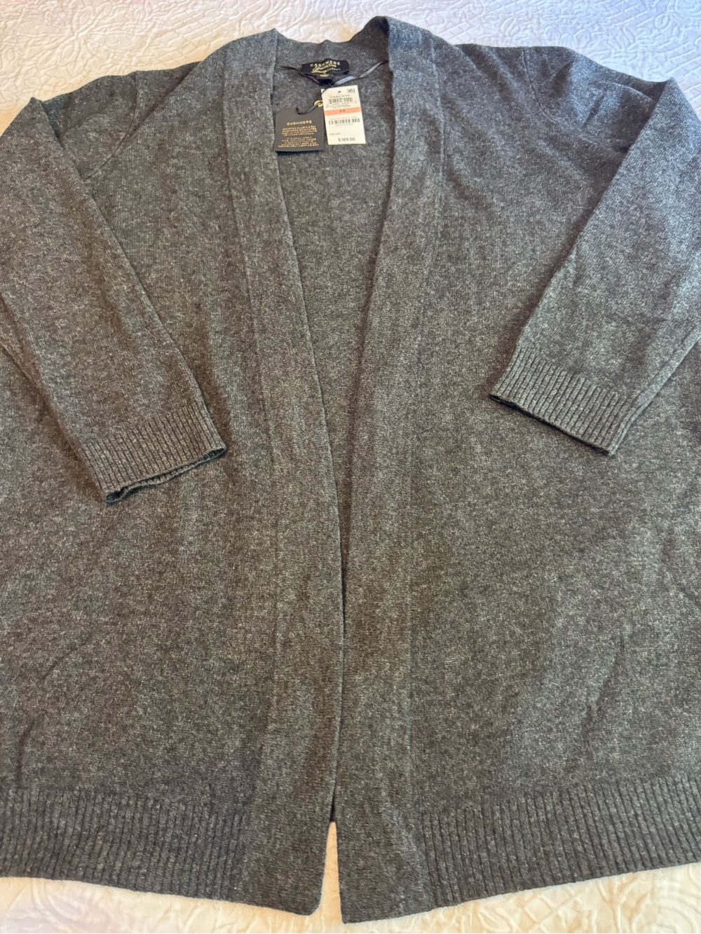 NWT Charter Club Luxury 100% Cashmere Cardigan 2X Gray Open Front Long Sweater